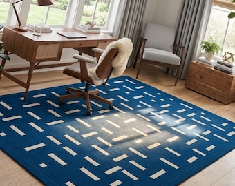 Modern Blue White Geometric Area Rug 5x7 ft, Handmade Tufted Wool Rug, Luxury Bedroom Living Room Carpet, Custom Size Available