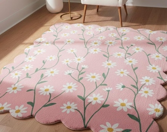 Pink Daisy Floral Scalloped Rug 5x7 ft, Handmade Flower Area Rug for Bedroom Living Room, Custom Size Available