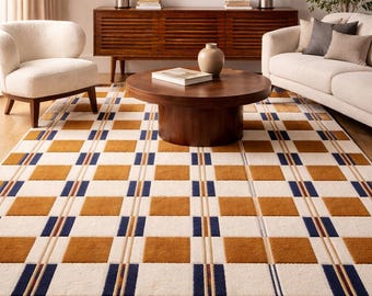 Modern Checkered Area Rug 8x10 Ft, Beige Brown Blue Geometric Carpet for Living Room, Custom Size Available