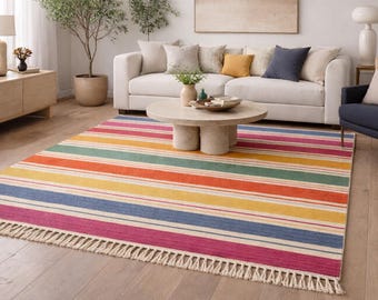 Handwoven Wool Dhurrie Rug 5x8 ft, Colorful Striped Dhurrie, Flat Weave Indian Rug, Modern Minimalist Area Rug, Handmade Dhurrie Carpet