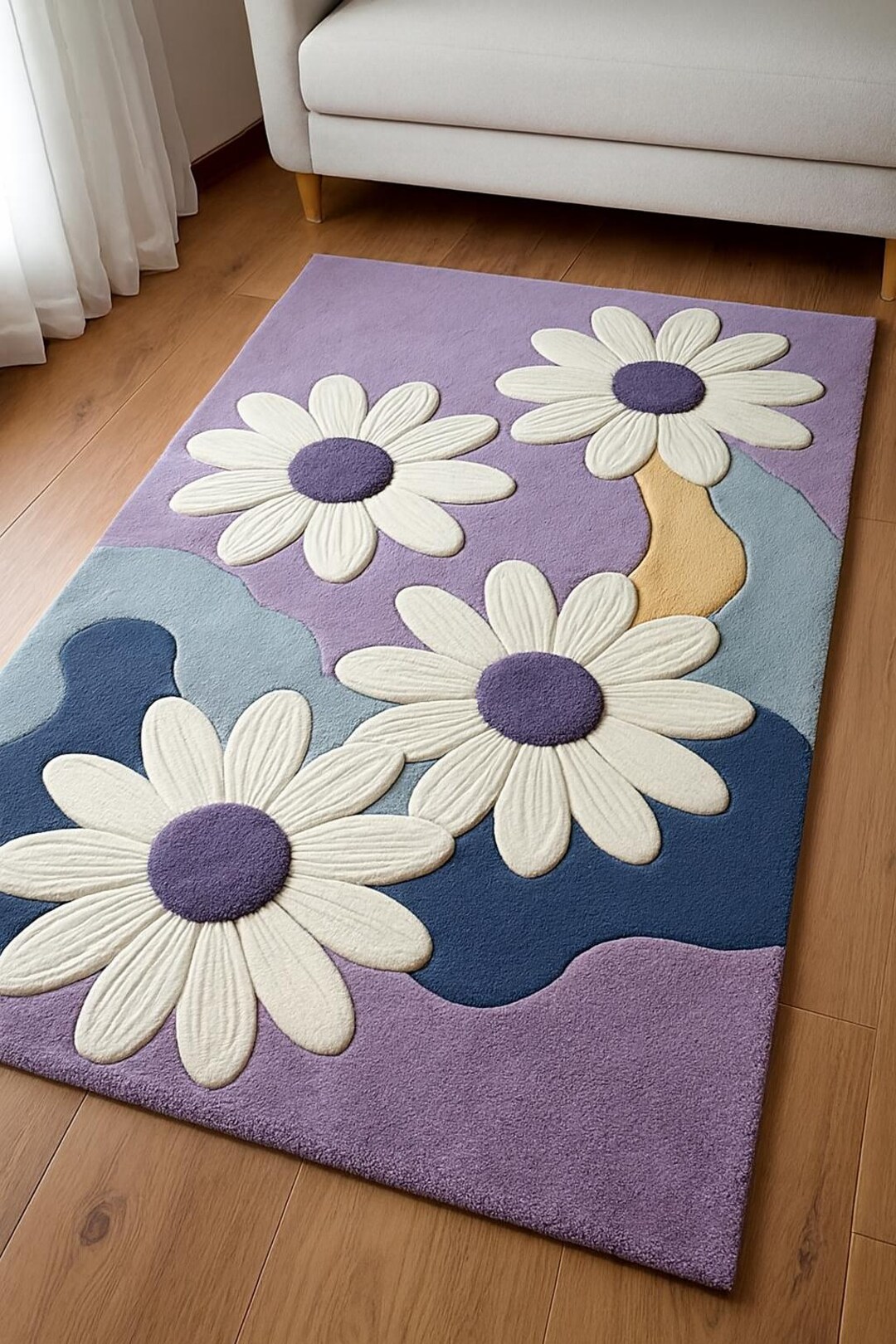 Hand Tufted Floral Rug 4x6 Ft, Purple Daisy Flower Rug, Modern Abstract ...