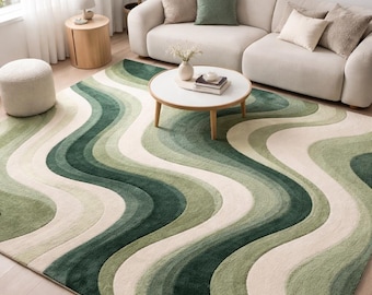 Hand Tufted Green Wave Area Rug, Modern Abstract Curvy Pattern Rug, Wool Carpet for Living Room Bedroom, Minimalist Luxury Floor Rug