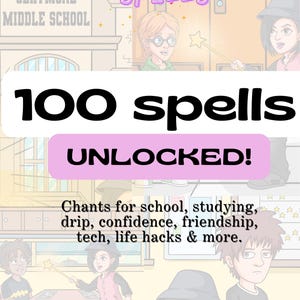 Könnte beinhalten: Grafische Illustration mit dem Text "SUKI'S SPELLS" und "100 Zaubersprüche FREIGESCHALTET!". Das Bild zeigt Cartoon-Charaktere und die Worte "Gesänge für die Schule, Lernen, Selbstvertrauen, Freundschaft, Technik, Life Hacks & mehr."