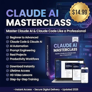 May include: A digital product advertisement for Claude AI Masterclass featuring a dark blue background with text listing course modules like AI Automation and Prompt Engineering. It displays a box, a laptop, a tablet, and a smartphone screen.