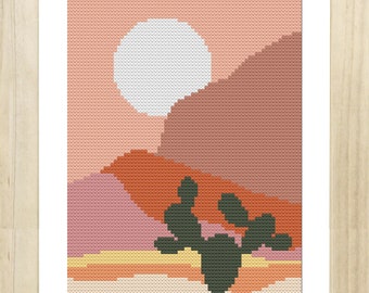 Cross Stitch Pattern Modern Abstract Landscape, x-stitch Pattern, Desert and Cactus x-stitch, Nature, Instant Download PDF