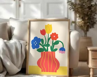 Flower Vase Wall Art Modern Botanical Print Retro Abstract Floral Poster Digital Download Danish Pastel Wall Art Cute Flowers Art Decor