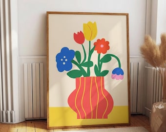 May include: A framed wall art print featuring a stylized illustration of a bouquet of colorful flowers in a red vase with vertical yellow stripes. The flowers are depicted in shades of blue, red, yellow, and pink with green stems and leaves.