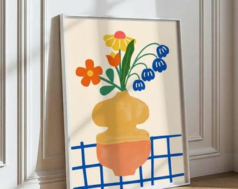 Flower Vase Print Digital Download Flower Wall Art Hand Drawn Checkered Dopamine Colors Maximalist Print Trendy Art Prints Colorful Prints
