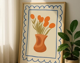 Boho kwiatowy wazon, wydruk artystyczny, wystrój retro w stylu Mid-Century Modern (pobranie cyfrowe)