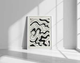 Waves Water Wall Art: Minimalist Line Art, Black Beige White (Digital Download)