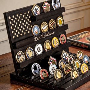 Personalized Wooden Challenge Coin Display Rack,Custom Engraved Coin Holder American Flag,Military Veteran Gift,Collectible Gift,Men's Gift