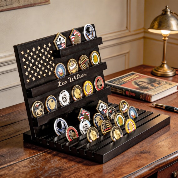 Personalized Wooden Challenge Coin Display Rack,Custom Engraved Coin Holder American Flag,Military Veteran Gift,Collectible Gift,Men's Gift