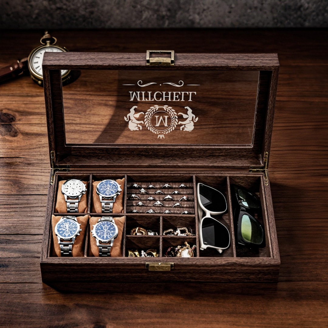 Mens Watch Jewelry Box,Custom Engraved Watch Box,Personalized Watch Case,Gifts for Husband,Boyfriend Gifts,Luxury Anniversary Gifts for Men - Design 8