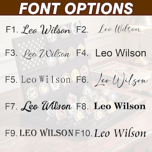 May include: A display case with various coins and the text "FONT OPTIONS" at the top. Below, ten different font styles are shown with the name "Leo Wilson" in each style. The display case has an American flag design.