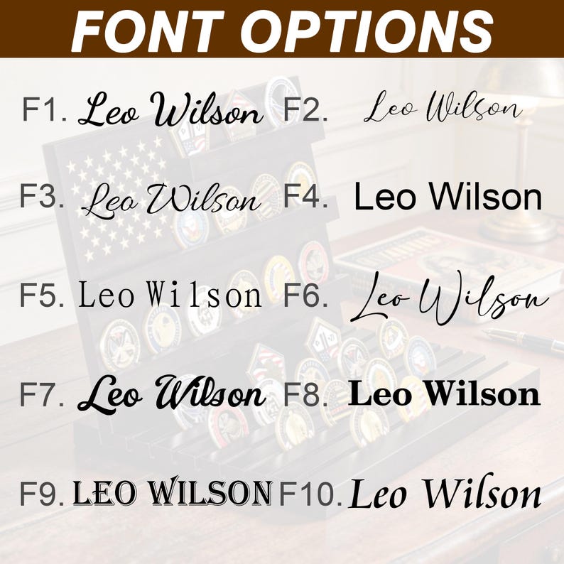 May include: A display case with various coins and the text "FONT OPTIONS" at the top. Below, ten different font styles are shown with the name "Leo Wilson" in each style. The display case has an American flag design.