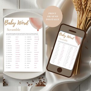 Baby Shower Game – Word Scramble – Editable Canva Template – Minimalist Mocha Design