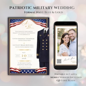 May include: A patriotic military wedding invitation with a navy blue and gold theme. The invitation features a navy uniform, American flag accents, and a photo of the couple. Includes a mobile version and QR code.