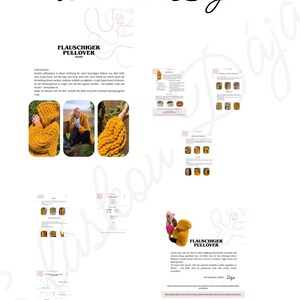 May include: A digital document with the text "With love D&aacute;ja" in cursive script. The document includes images of a mustard yellow, chunky knit pullover, along with instructions and diagrams. The words "FLAUSCHIGER PULLOVER" are also visible.
