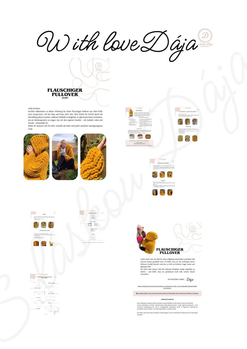 May include: A digital document with the text "With love D&aacute;ja" in cursive script. The document includes images of a mustard yellow, chunky knit pullover, along with instructions and diagrams. The words "FLAUSCHIGER PULLOVER" are also visible.