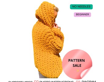Chunky Sweater Pattern PDF – No Needles, Beginner Friendly, Alize Puffy Yarn, Oversized Hoodie, Step-by-Step Guide + Support Video| Cz EN DE