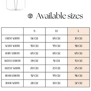 May include: Image displays a size chart for a hooded garment, with measurements in centimeters. The chart includes chest width, waist width, body length, sleeve length, sleeve width, hood length, and hood width for sizes S, M, and L. Text reads "Available sizes" and "Bundle of all sizes available."
