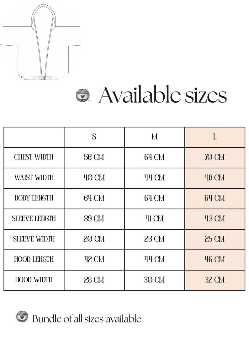 May include: Image displays a size chart for a hooded garment, with measurements in centimeters. The chart includes chest width, waist width, body length, sleeve length, sleeve width, hood length, and hood width for sizes S, M, and L. Text reads "Available sizes" and "Bundle of all sizes available."