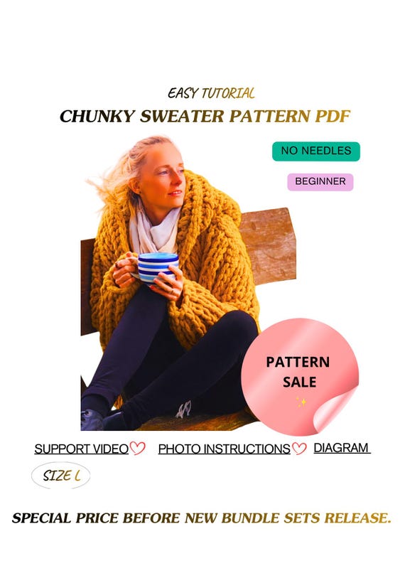 Chunky Sweater Pattern PDF – No Needles, Beginner Friendly, Alize Puffy Yarn, Oversized Hoodie, Step-by-Step Guide + Support Video