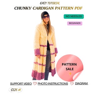 May include: A long, chunky cardigan pattern PDF with the text "Easy Tutorial" and "Chunky Cardigan Pattern PDF." The cardigan is cream-colored with purple stripes and cuffs. The image includes the text "No Needles," "Beginner," and "Pattern Sale."