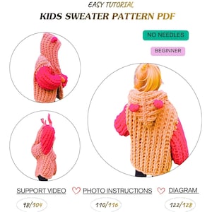 May include: A knitted kids' sweater pattern PDF with the text "EASY TUTORIAL" and "KIDS SWEATER PATTERN PDF". The sweater is light brown with bright pink sleeves and hood accents. The pattern is for beginners and requires no needles.