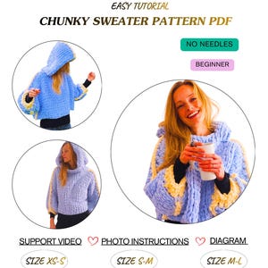 Peut inclure: Image d'un PDF de patron de pull épais avec le texte "Easy Tutorial" et "Chunky Sweater Pattern PDF". L'image comprend des photos d'un pull à capuche bleu avec des accents jaunes. Le texte "No Needles" et "Beginner" sont également présents.
