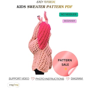 May include: A knitted kids' sweater pattern PDF with the text "Easy Tutorial" and "Kids Sweater Pattern PDF". The sweater is light brown with a bright pink sleeve. The image also includes the text "No Needles" and "Beginner".