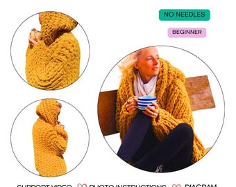 Chunky Sweater Pattern PDF – No Needles, Beginner Friendly, Alize Puffy Yarn, Oversized Hoodie, Step-by-Step Guide + Support Video