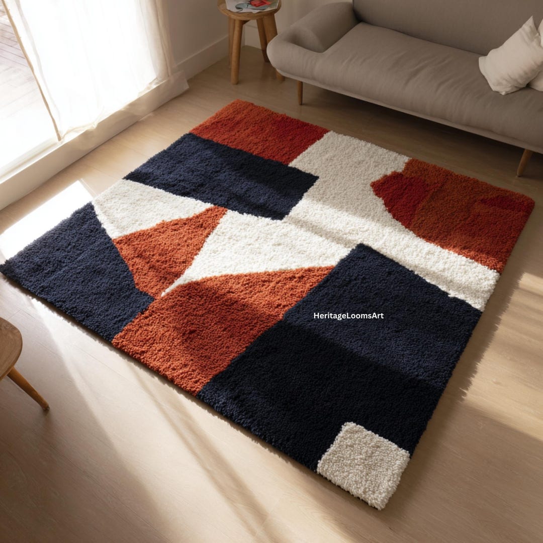 Bold 4x4 Feet Square Geometric Area Rug | Navy Blue, White Modern ...