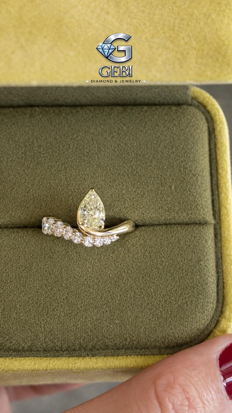 Pear Cut Yellow Lab Grown Diamond Ring | 14K Solid Gold Open Band Ring ...