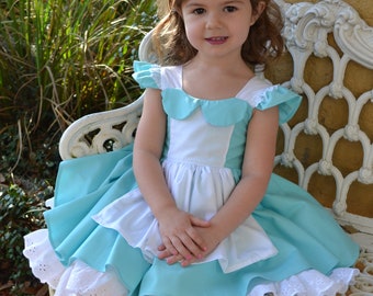 Alice in Wonderland girls flutter sleeve dress with built in underskirt
