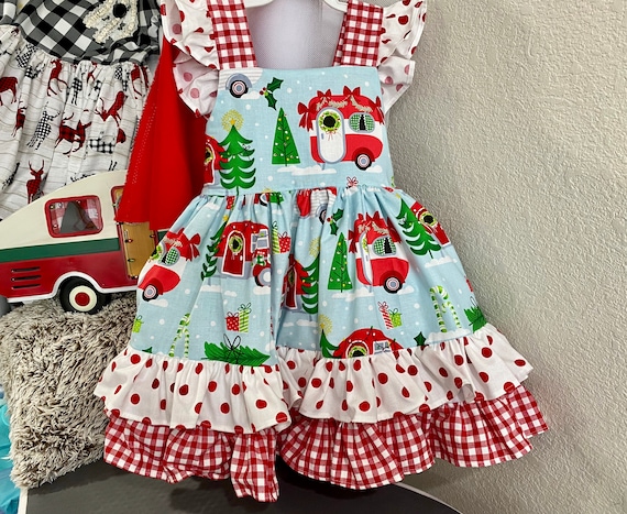 Christmas Camper Dress: Gingham Bow Straps, Festive Cotton