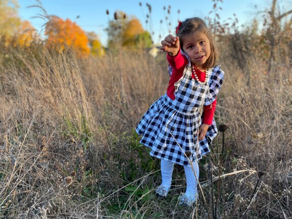 Buffalo plaid pinafore dress set with red tee