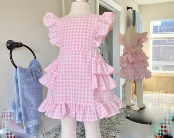 girls pink gingham ruffled pinafore cotton check dress