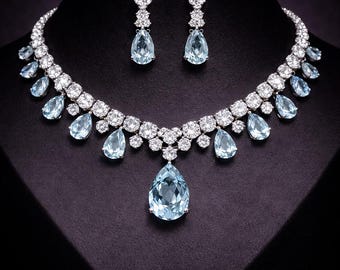 Aquamarine and Simulated Diamond Necklace & Earrings Set - 925 Sterling Silver, Elegant Bridal Jewelry.