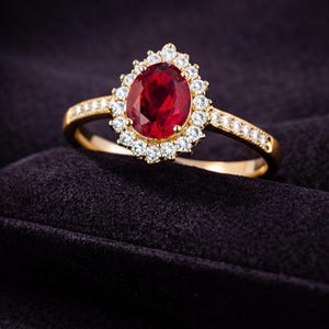 Op de afbeelding: Een gouden ring met een grote, ovaal geslepen dieprode edelsteen in het midden, omringd door een halo van kleine heldere steentjes. De ringband is aan beide zijden bezet met een rij kleine heldere steentjes voor een schitterend effect.