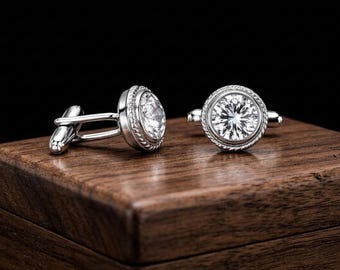 Gemelos de plata de ley 925 con moissanita / Diseño minimalista / Accesorio para traje / Joyería para hombre.