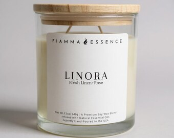 Linora Soy Wax Candle: Fresh Linen & Rose Scent, 12oz