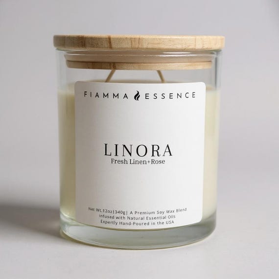 Linora Soy Wax Candle: Fresh Linen & Rose Scent, 12oz