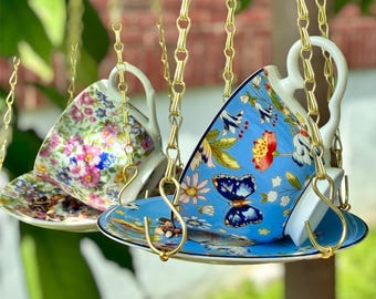 Teacup Bird Feeder,  Repurposed, Floral Designs