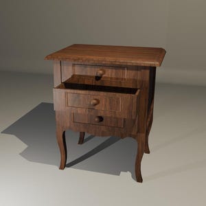 Puede incluir: Una mesita de noche de madera con tres cajones, uno abierto. La mesita tiene una parte superior rectangular y patas curvas. La madera tiene un tono marrón cálido. Los cajones tienen pomos redondos.