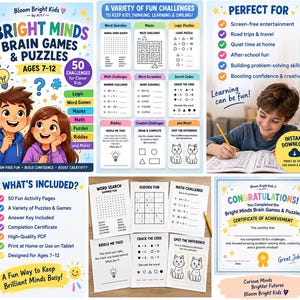 Könnte beinhalten: Ein digitales Aktivitätsbuch mit dem Titel Bright Minds Brain Games & Puzzles für 7- bis 12-Jährige, das 50 Herausforderungen wie Wortsuchrätsel, Labyrinthe, Logikrätsel, Matheaufgaben, Wortsalate, Geheimcodes, Rätsel und Zeichenaufgaben enthält.
