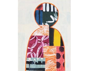 Abstract Person #4, 6"x8",  collage papers and acrylic paint on wood panel