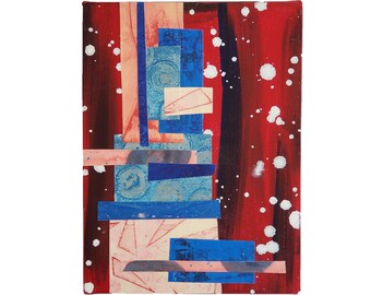 Cosmic Structures #2, 6"x8", acrylic painted canvas; collage papers - monoprinted in red, cream, various shades of blue; stretched canvas