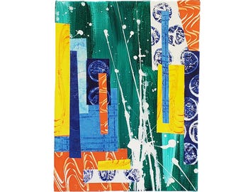 Cosmic Structures #4, 6"x8", acrylic paint -  green and white; collage papers - monoprinted yellow, orange and blue; stretched canvas