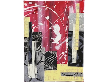 Cosmic Structures #3, 6"x8", acrylic paint - red, black and white; collage papers - monoprinted in yellow, black and grey; stretched canvas
